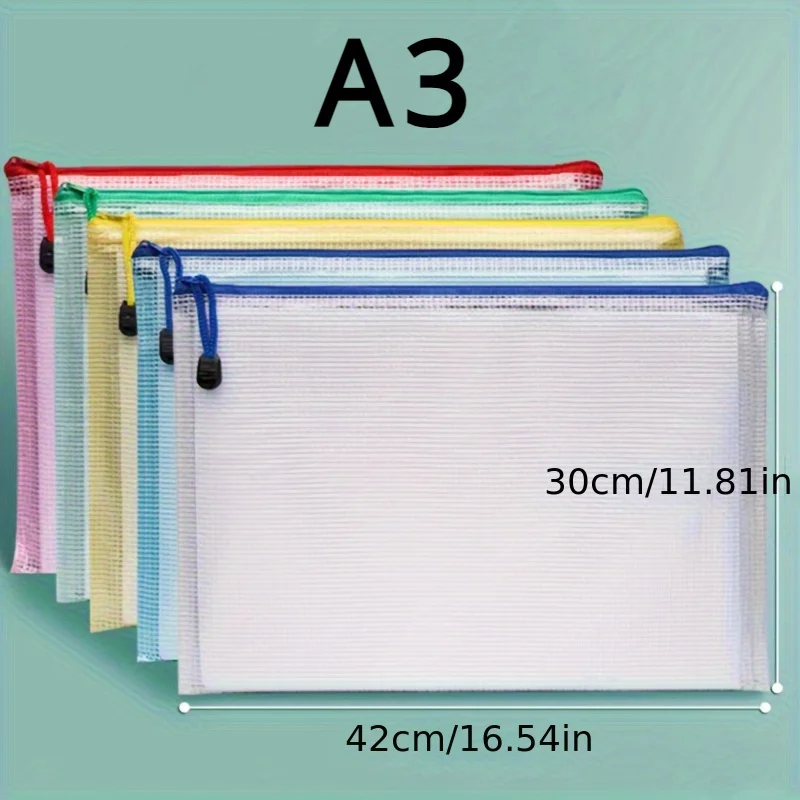 10pcs A3 Mixed Color, Student Supplies, Plastic, Folder Bag, Zip Folder, Mesh Zip Bag, Suitable For School Office Supplies