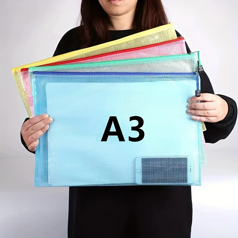 10pcs A3 Mixed Color, Student Supplies, Plastic, Folder Bag, Zip Folder, Mesh Zip Bag, Suitable For School Office Supplies
