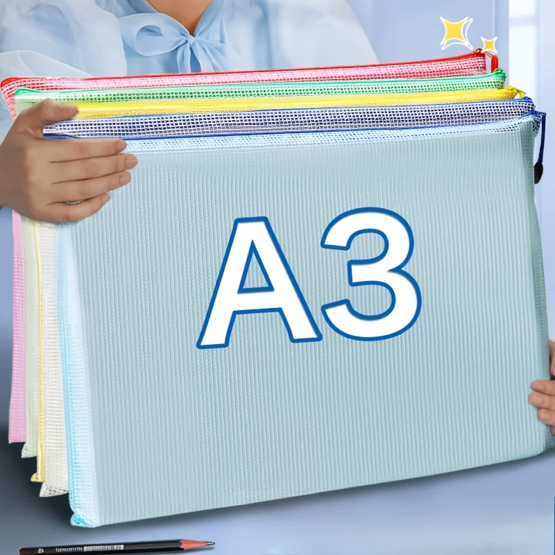 5PCS A3 Zippered PVC Project Folders - Waterproof Art and Document Organizer Bags with Colorful Grid Design